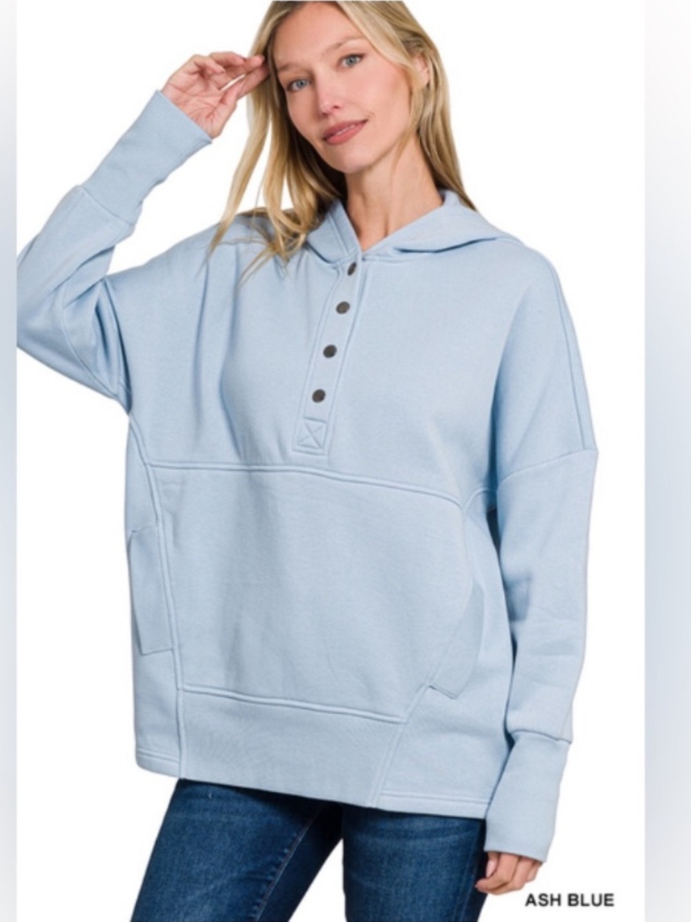 Zenana Half Snap Long Sleeve Pullover Hoodie with Pockets Small